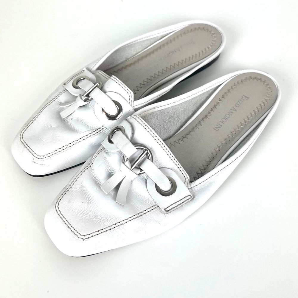 Enzo Angiolini White Leather Slip On Mules with Decorative Tassel
